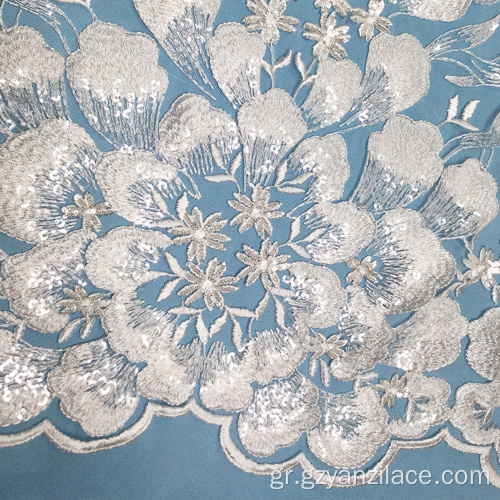 Λευκό λουλούδι Sequin Κέντημα Τούλι Lace Fabric